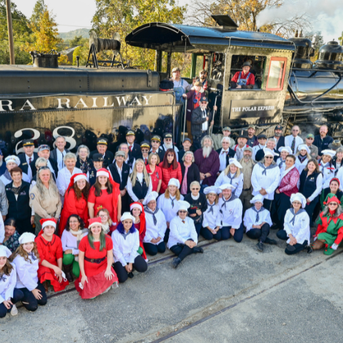 Group photo of volunteers with train